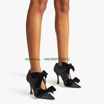 Черни дамски обувки на висок ток-висок ток с остър пръсти и лък с кристали, секси дамски обувки