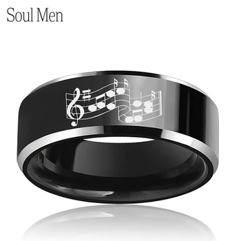 Черно класическо пръстен 8 мм за мъже, жени, удобно вольфрамовое годежен пръстен, Музикални ноти, с гравиран лични накити, в размер от 6 до 13